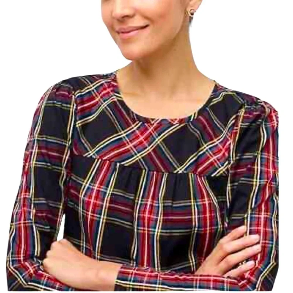 J Crew Women's Christmas Black Tartan Plaid Puff Sleeved Top XS Organic Cotton